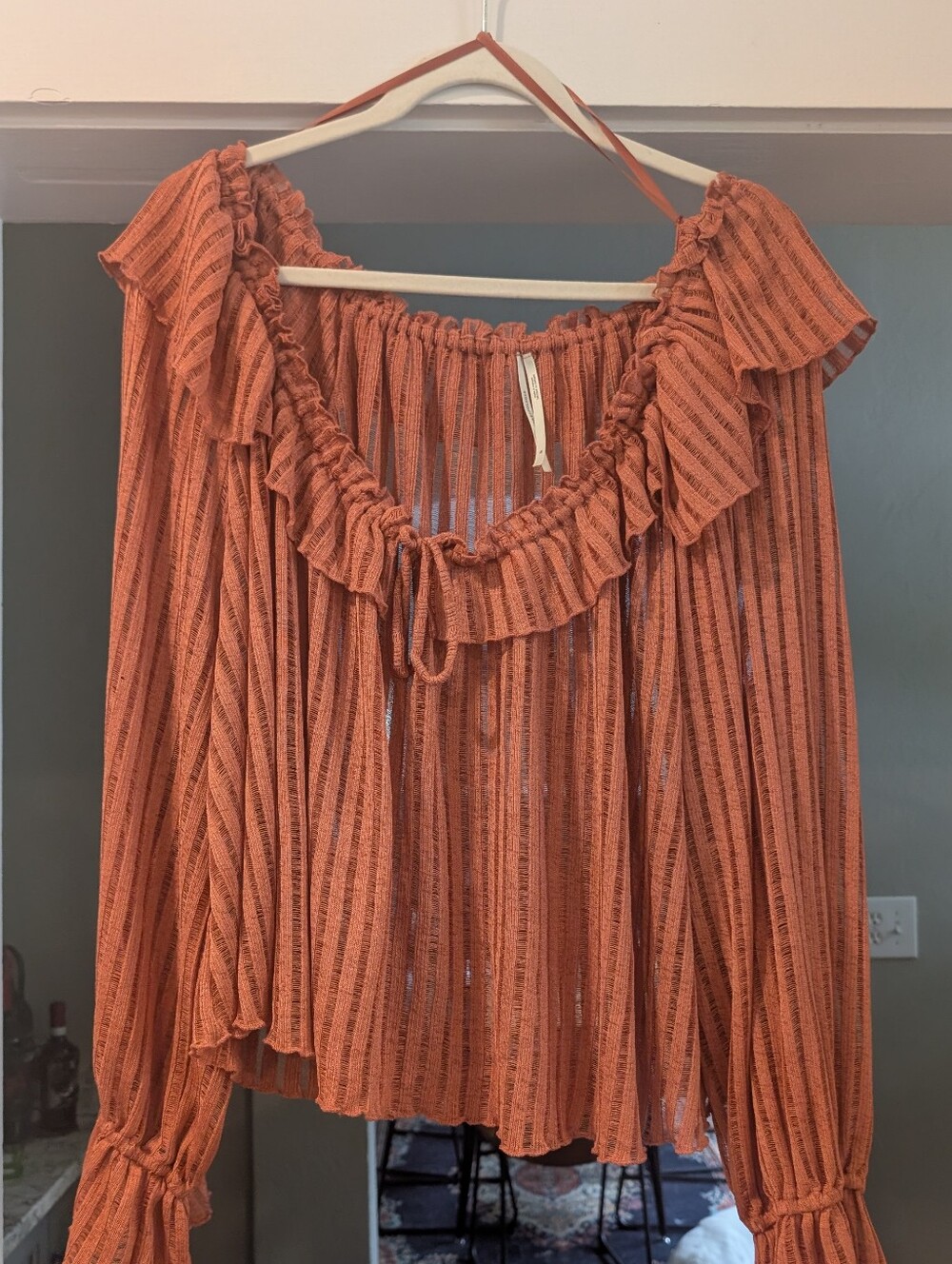 Anthropologie Burnt Orange Striped Ruffle Top XL